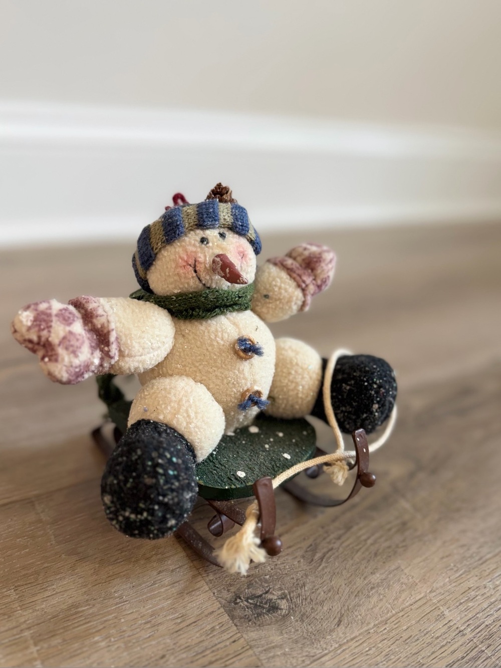 Vintage Style Snowman on Sled Christmas Figurine Winter Holiday Decor 7”